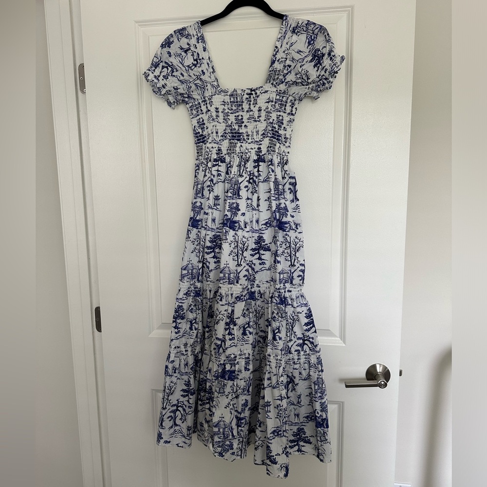 OPT dress with blue and white print size small NWT